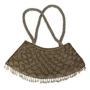 Gold Beaded Evening Purse Scalloped Pattern Drop Bead Fringe